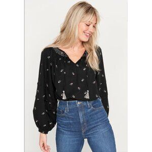 Old Navy Womens Large Black Floral Peasant Blouse Smocked Neckline Tassel Tie